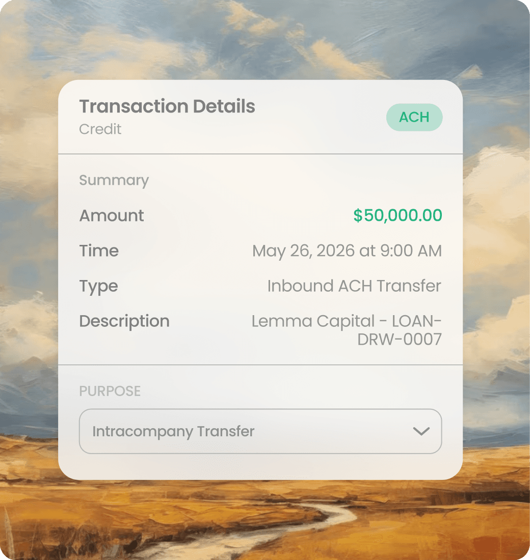 Transaction detail for a $50,000 ACH credit, categorized with a purpose of intracompany transfer.