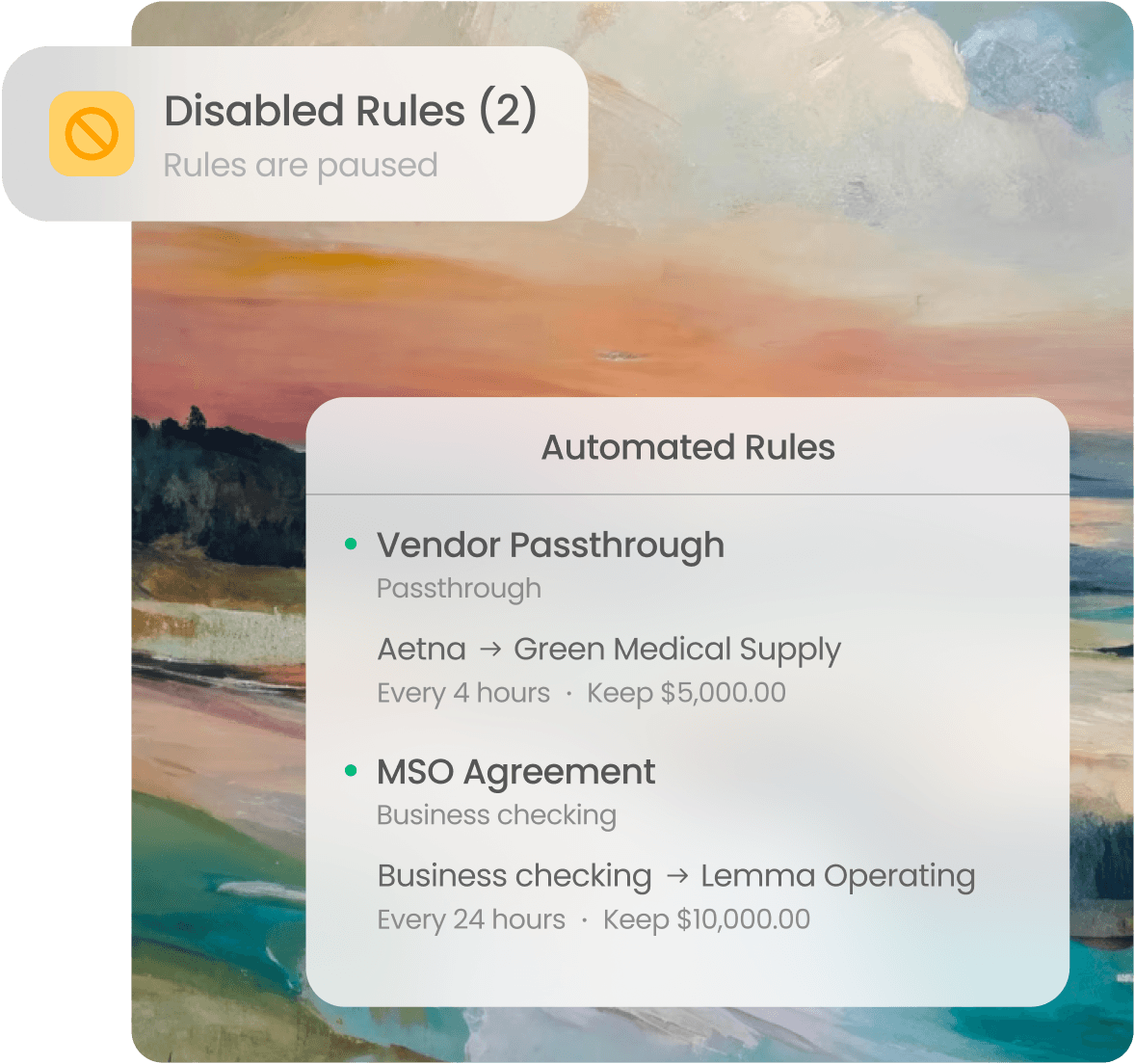 Two automated sweep rules, one routing a payer to a vendor every 4 hours and one moving business checking to the MSO operating account every 24 hours, each keeping a minimum balance behind.